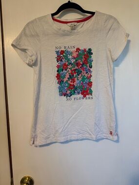 Joules White Floral 'No Rain No Flowers' Graphic Tee with Pink Trim